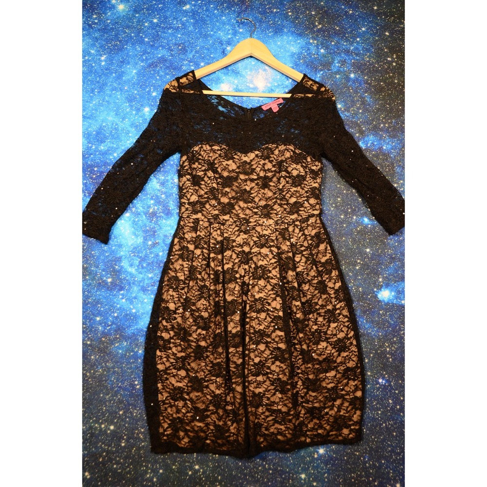 Betsey Johnson Dress Womens 8 Black Lace Sequin Illusion 3/4 Sleeve‎ Cocktail